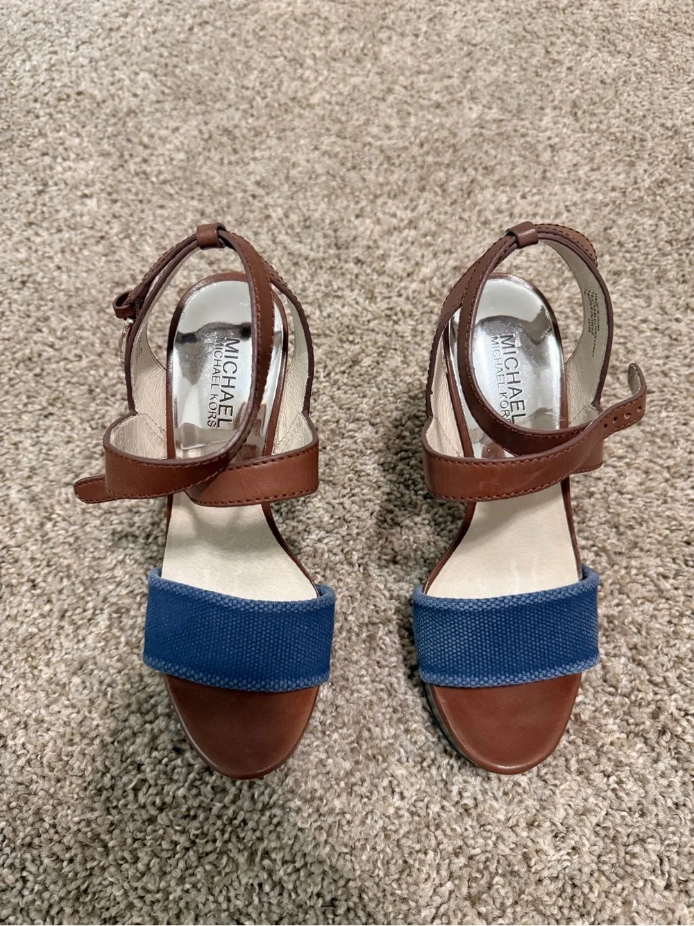 Michael Kors Brown Leather Sandal with Navy Front Band